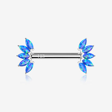 A Pair of 14 Karat White Gold OneFit Threadless Marquise Fire Opal Floral Nipple Barbell-Blue Opal